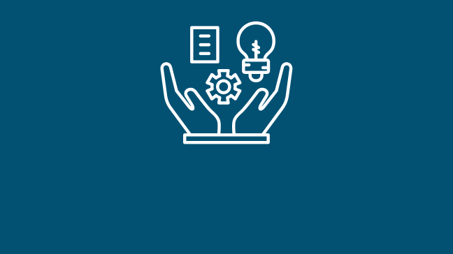 a graphic of hands holding up a lightbulb, gear, and paper.