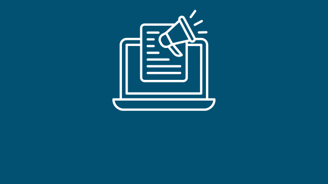 an icon with a laptop, document, and megaphone on it.