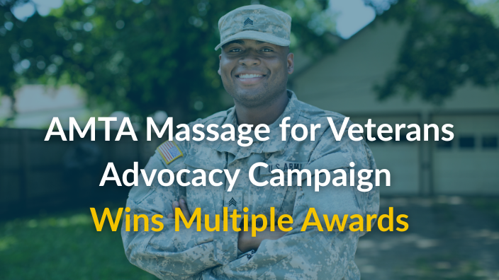 An image of a black man in a military uniform with the words, "AMTA Massage for Veterans Advocacy Campaign  Wins Multiple Awards" in white and yellow font below it.